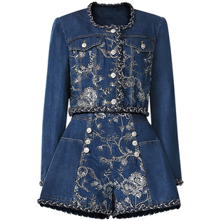 茬客气质时尚牛仔套装2025秋冬新款休闲重工设计小香外套A字短裤