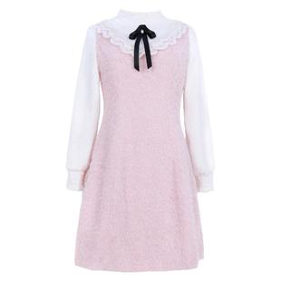 冬季新款大码女装胖MM温暖减龄半高领绒蕾丝拼毛呢加绒粉色连衣裙