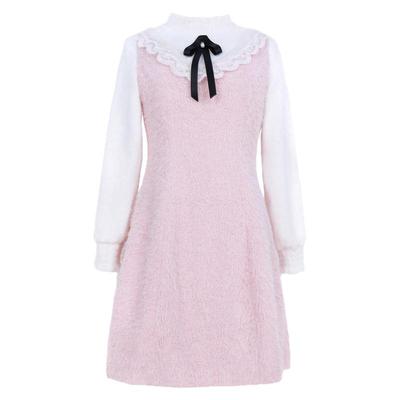 冬季大码半高领加绒毛呢连衣裙