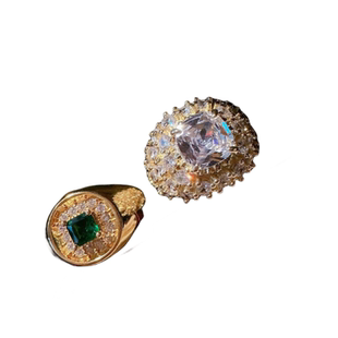 法拉赫弧形宝石戒指 古董感 镀18K金 凸圆形祖母绿 锆石戒指