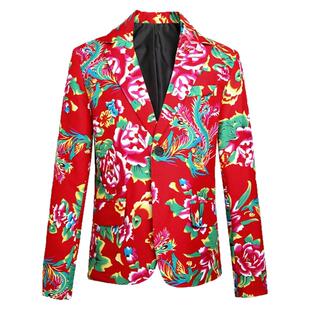 春秋休闲发型师红色印花西服潮流东北大花纯棉小西装男外套网红款