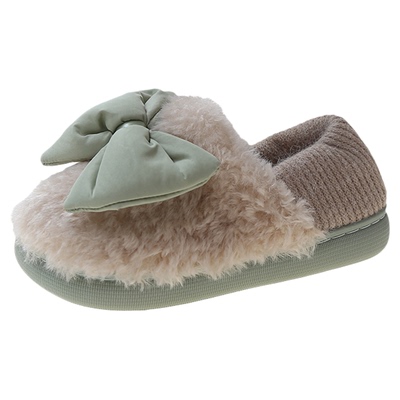 简约螺纹口蝴蝶结包跟棉拖鞋