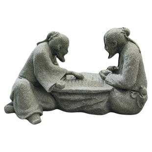青砂石下棋老人钓鱼翁流水磨盘摆件适合古法缸鱼缸造景