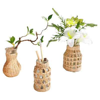 草编玻璃花瓶仿真花束桌面小摆件