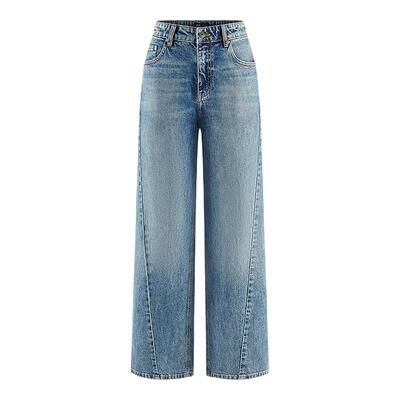 A21女装浅中蓝水洗做旧薄牛仔裤简约宽松显瘦阔腿长裤
