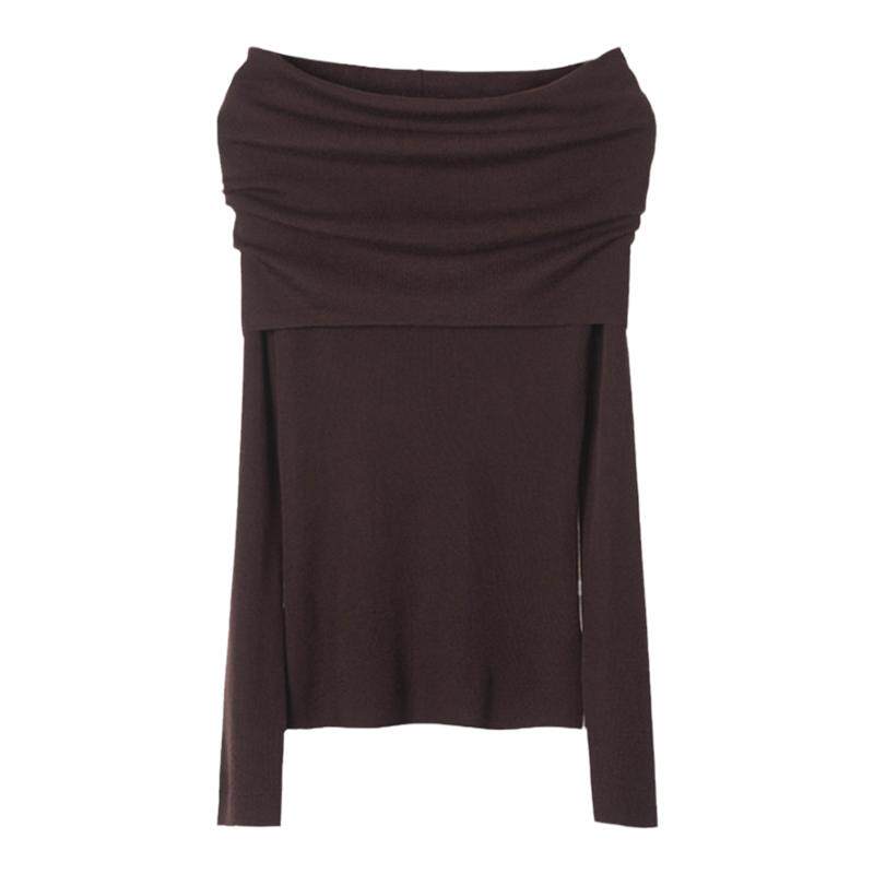 ROCO秋新款 16针120支精纺纯羊毛扬子纱毛衣红色一字肩长袖针织衫