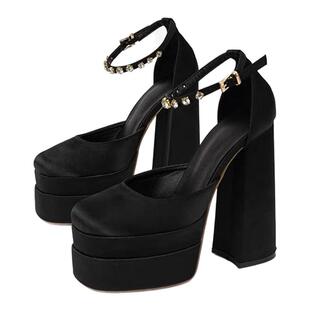 15CM超高跟鞋车展粗跟网红水钻一字带防水台模特走秀恨天高女鞋夏