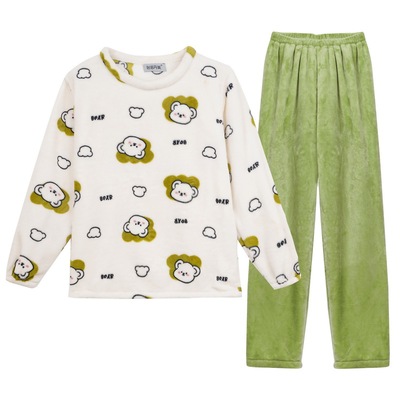 秋冬季加厚珊瑚绒睡衣女圆领加绒