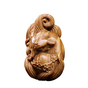 天然绿檀玉檀木九尾狐实木雕刻手把件可爱狐狸创意动物文玩小摆件