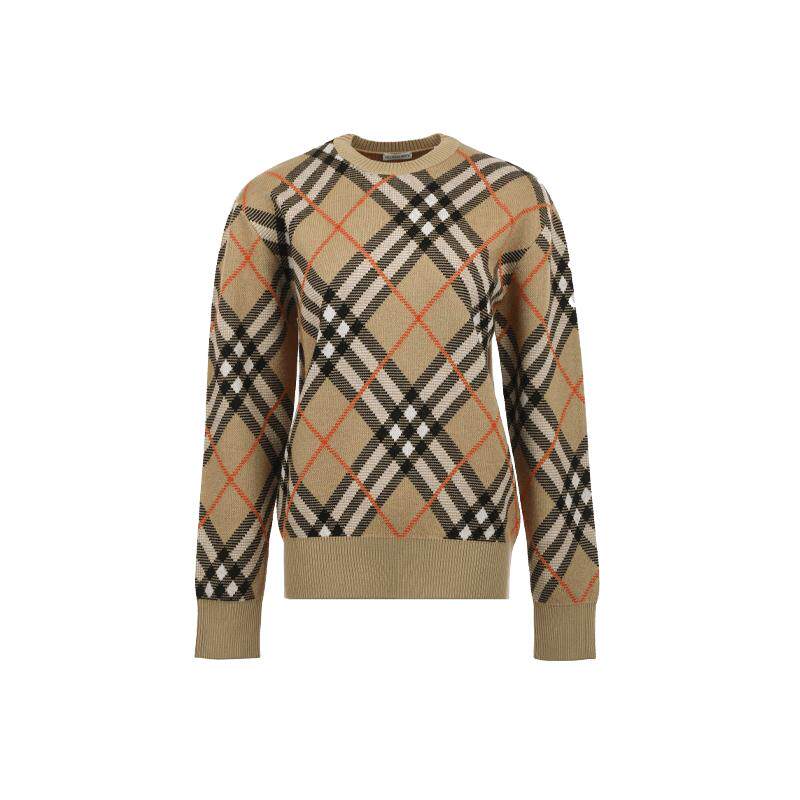 【自营】BURBERRY/博柏利绵羊毛经典格纹长袖圆领宽松毛衣针织衫