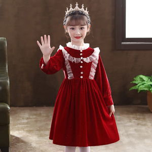 儿童礼服公主裙秋冬款洋气丝绒裙子红色生日连衣裙女童宴会晚礼服