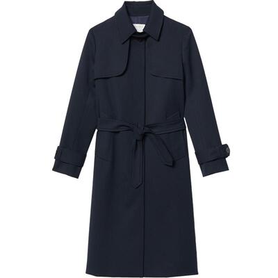 SANDRO压褶长款系带风衣外套