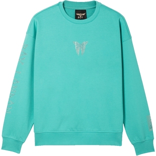 BOYLONDON春季情侣款潮牌烫钻朋克潮酷孔雀蓝圆领套头卫衣N03901