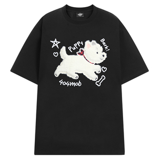 404MOB重工毛绒小狗刺绣2026夏情侣t恤潮流宽松凉感防晒短袖体恤