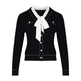 允硕新品优雅飘带领羊毛衣气质小香风针织开衫女修身上衣739531