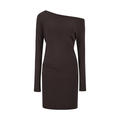 斜肩长袖连衣裙褶皱收腰显瘦短裙