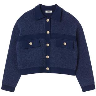 SANDRO秋冬女装法式时尚经典羊毛混纺蓝色翻领短款长袖针织外套