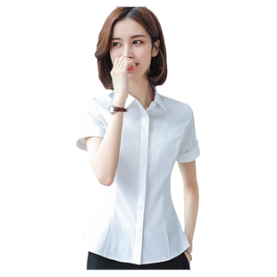 女衬衫短袖夏修身纯白色条纹气质浅蓝色棉质正装防走光通勤面试装