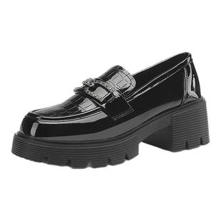 真皮小皮鞋女英伦风2025春新款粗跟厚底单鞋软底鳄鱼纹黑色乐福鞋