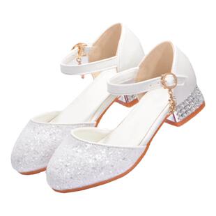 儿童女鞋高跟配礼服银色中大童演出走秀水晶鞋亮闪女童主持人鞋子