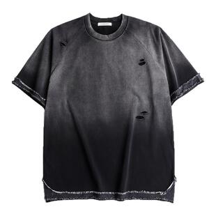 AOGZ高货重磅短袖T恤男女夏季2025新款毛边破洞坏风美式渐变体恤