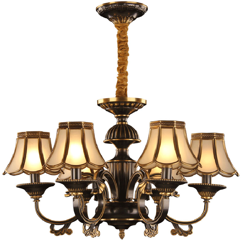 奥灯欧式全铜吊灯简约AI智能客厅餐厅卧室灯具黑擦金色8头灯H058