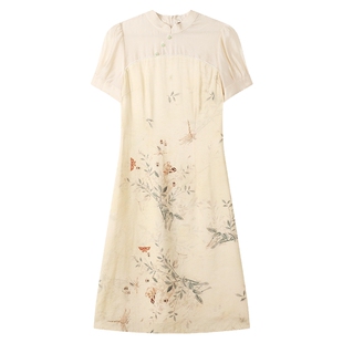 白鹿语国风水墨画改良旗袍夏新款复古新中式钉珠修身女式连衣裙