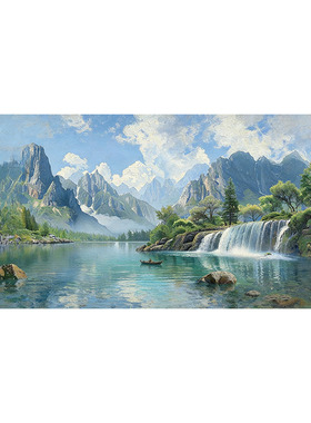 新中式纯手绘高山流水油画