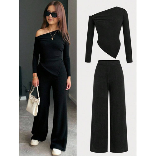 Y 89850 Off shoulder high waist set 露肩高腰长裤套装跨境