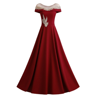 法式气质一字肩敬酒服新娘高级感宴会订婚礼服回门宴会主持人长裙