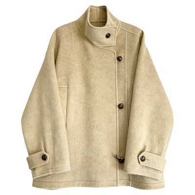 秒发！高级感灰色羊毛大衣女韩国秋冬新款立领系带落肩袖短外套