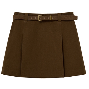 MESUX米岫26春牛仔水洗风斜纹棉复古金扣腰带叠褶短裙MOSUS203