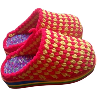 纯手工毛线勾织保暖女拖鞋防滑坡跟棉拖鞋针织厚底冰条线拖鞋成品