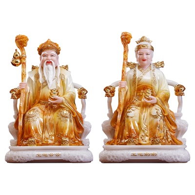 土地公婆神像一对汉白玉叠染镶金