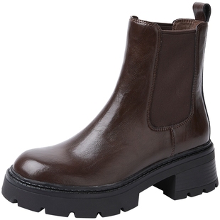 百田森2025冬新款切尔西靴女棕色英伦厚底烟筒靴加绒保暖小跟短靴