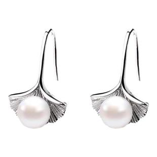 防过敏S925纯银杏叶珍珠耳环气质小众高级复古简约文艺贝母耳挂女