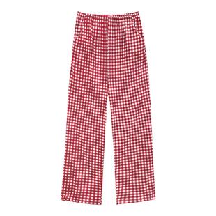 2024年新款红色格子长裤睡裤女纯棉薄款夏季可外穿宽松大码家居裤