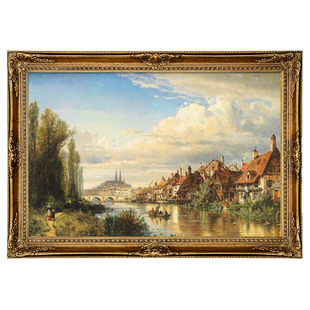 欧式装饰画手绘别墅客厅风景画  美式油画欧洲中世纪小镇油画N300