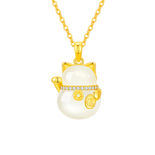 中国黄金央创招财猫项链女款生日礼物女生送女朋友闺蜜玉髓银S925