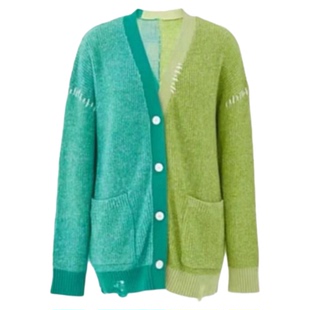 周也同款韩版高级感拼色针织开衫外套女秋冬季温柔风宽松毛衣上衣