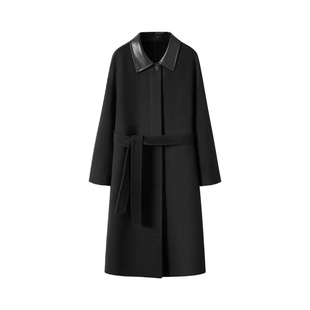 【山羊绒+澳毛】新款毛呢外套女皮领巴恩风2025冬轻奢双面呢大衣