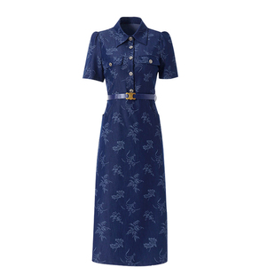 天丝印花牛仔连衣裙女2026新款轻奢修身显瘦气质收腰开叉高腰裙子