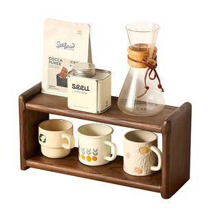 实木桌面置物架双层茶具咖啡杯子收纳架小型博古架厨房调料架子