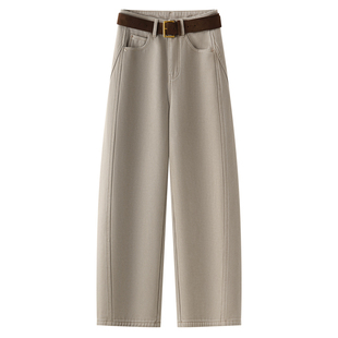 奶茶灰色弯刀牛仔裤女春秋2026新爆款高腰遮胯宽松显瘦窄版阔腿裤