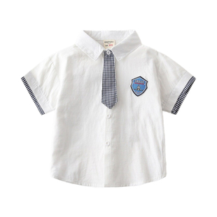 儿童短袖衬衫 夏季新款男童装学院风白色小衬衣 宝宝薄款领带上衣