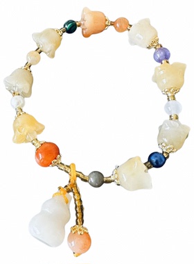 缘绘凤仪 编码05 天然新疆金丝黄玉葫芦兰花 手串 古风女款