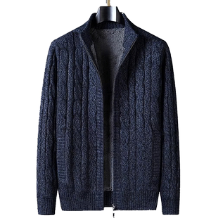 秋冬季新款加绒加厚针织衫外套男士宽松纯色扭花开衫毛衣立领男装