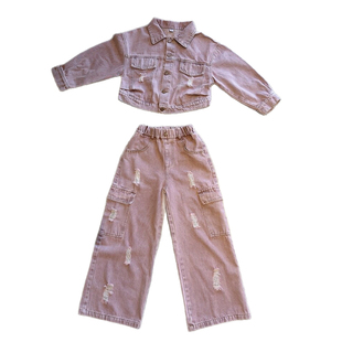 女童春秋装牛仔套装2026新款儿童洋气炸街韩版工装阔腿裤两件套
