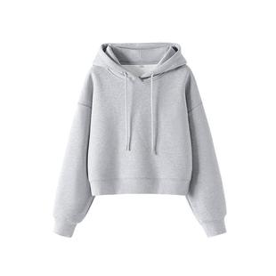 班尼路灰色加绒卫衣外套女连帽短款加厚保暖2025新款小个子上衣H