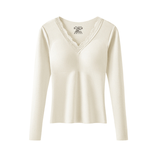 带胸垫白色V领蕾丝保暖加绒长袖t恤上衣打底内搭衫女2025秋冬新款